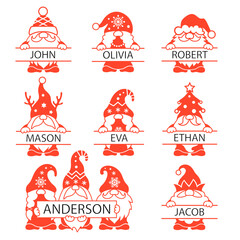 Wall Mural - set of christmas gnome monogram with space for text. christmas name sign. peeking gnome face. christ
