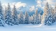 © Nijat - Beautiful winter landscape of a snow-covered forest in the mountains, presenting an ideal Christmas scene with snowy dendritic spruce trees and ample space for copy.