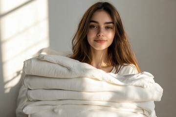 Woman holding clean bed sheets on white background