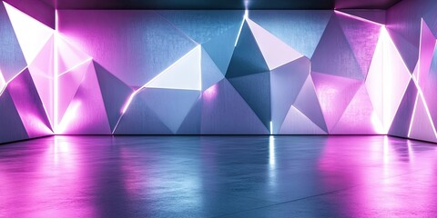 Leinwandbilder - A wide wall background features abstract geometric shapes in silvery grey and white neon light, creating a vibrant and cool futuristic atmosphere.