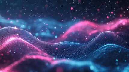 Poster - Vibrant abstract background with glowing pink and blue neon wave patterns creating a sense of high-speed motion, enhanced by bokeh light effects for a striking wallpaper design.