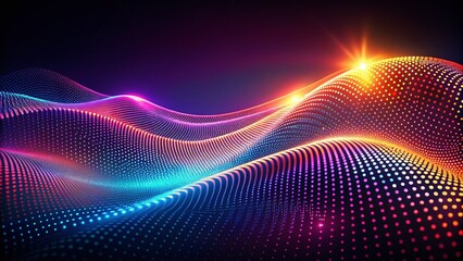 Poster - Night Photography of Flowing Dot Wave Halftone Gradient Pattern Emitting Colorful Light on a Dark Backdrop, Creating a Mesmerizing Visual Experience for Design Projects