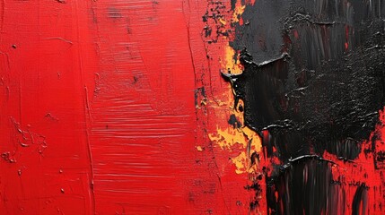 Leinwandbilder - Abstract black canvas against vibrant red walls creates a striking visual contrast. This abstract black canvas captures attention with its bold hues and offers ample space for creativity.
