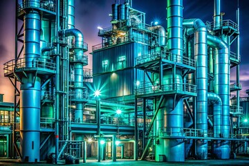 Poster - Night Scene of a Simplified Chemical Plant in Cool Turquoise, Perfect for Science and Technology Educational Materials with Emphasis on Innovation and Learning
