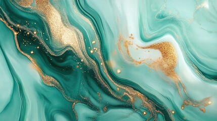Aufkleber - Abstract fluid art showcasing diagonal mint green waves mixed with shimmering gold particles, evoking a stunning marble-like texture.