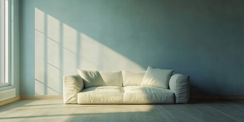 Wall Mural - A soft, unoccupied sofa is featured in a contemporary minimalist living room design that emphasizes simplicity and comfort. The modern aesthetic highlights the fluffy sofa beautifully.