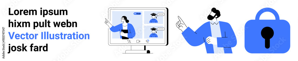 Man conducting a virtual meeting, pointing at computer screen with ...