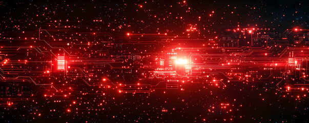 Poster - red circuit board glowing with digital data streams