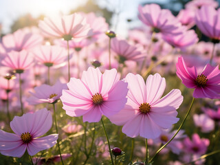Wall Mural - A beautiful view of cosmos flowers blooming in a garden against a natural background