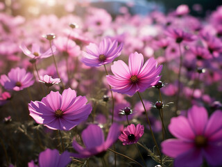 Wall Mural - A beautiful garden filled with purple cosmos flowers in full bloom
