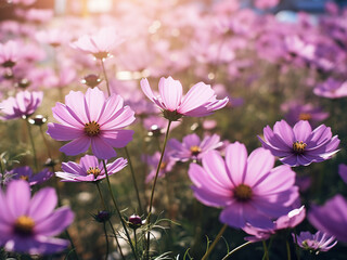 Wall Mural - A lush garden showcasing beautiful purple cosmos flowers