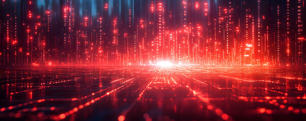 Poster - red digital rain abstract data flow cityscape