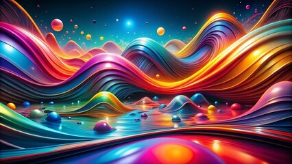 Poster - Panoramic View of a 3D Animation Showcasing Abstract Shapes with Fluid and Rhythmic Pulsation, Capturing Dynamic Motion and Vibrant Colors in a Stunning Display of Artistic Expression