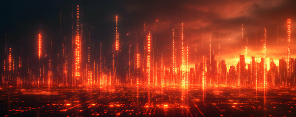 Poster - digital cityscape illuminated by burning orange light