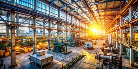 Poster - Panoramic View of an Industrial Plant with Sunlight Streaming Through Large Windows, Showcasing Machinery and Equipment in a Bright, Energetic Atmosphere