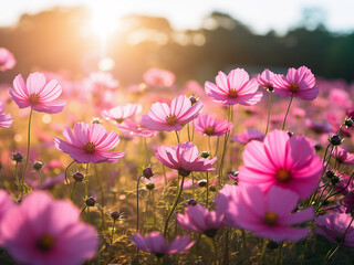 Wall Mural - Beautiful pink cosmos flower in the field with morning sunlight and sharp focus