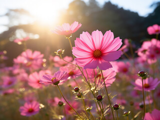 Wall Mural - Closeup of a pink cosmos flower in the field with morning sunlight and selective focus
