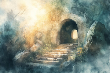 Wall Mural - a serene digital watercolor painting of the empty tomb of jesus, with the stone rolled away and the 