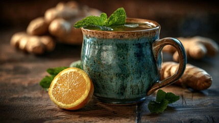 Wall Mural - rustic ceramic mug filled with ginger turmeric tonic, garnished with fresh mint, sits on wooden table alongside sliced lemon and ginger roots, creating warm, inviting scene