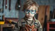 © Chalermrach - A young child wearing safety goggles and a tool belt, with messy hair and dirty clothes, looks exhausted as they work on a project in a workshop, child, exhausted
