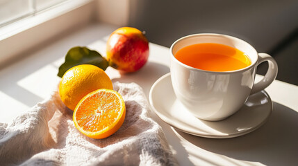 Wall Mural - warm cup of orange tea sits on table with fresh citrus fruits, bathed in sunlight. scene evokes sense of calm and freshness, perfect for relaxing morning