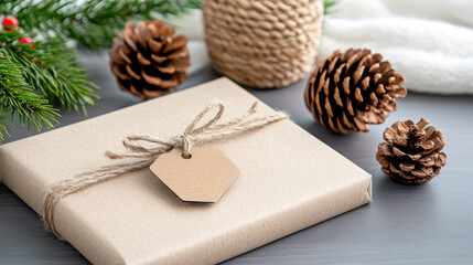 Rustic Christmas gift wrapping setup with pine cones and twine. Perfect for holiday celebrations and festive decorations