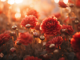 Wall Mural - Vintage red flowers with a sunset light background