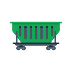 Poster - green mining dump car carrying coal on rails side view isolated on white background