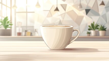 Poster - A minimalist cup of coffee on a wooden table with a bright, modern background.