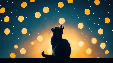 Poster - A silhouette of a cat sitting against a vibrant, colorful background filled with glowing orbs, creating a magical and serene atmosphere.