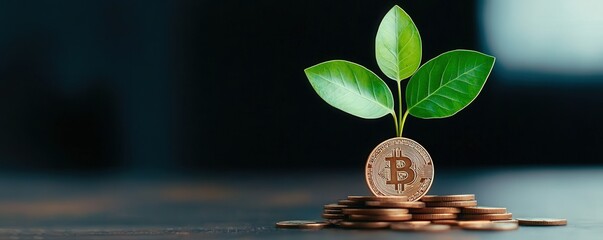 Sustainable finance, Green investment, Future growth. Plant growing from a coin, symbolizing financial growth and sustainability.