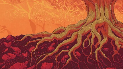 Poster - Vibrant Banner Illustration of Tree Roots Connected Deep in Rich Soil with a Warm Orange Background and Textured Bark Detail