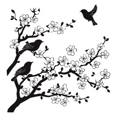 flock of flying birds on tree branch vector white illustration