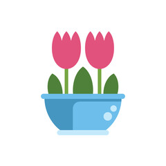 Canvas Print - Minimalist vector illustration of two pink tulips with green leaves growing in a blue pot decorated with water drops