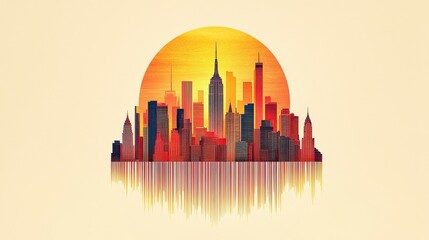 Poster - A stunning abstract skyline silhouette featuring iconic skyscrapers against a warm sunset, perfect for modern urban themes and graphics.