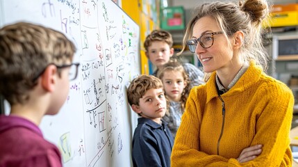 Poster - A working mom brainstorming ideas on a whiteboard while her children doodle on a smaller board Stock Photo with side copy space