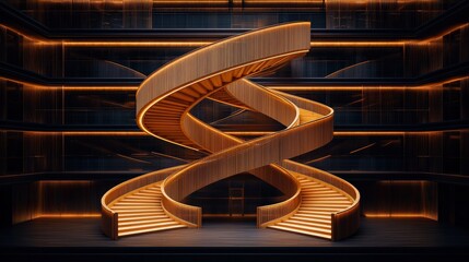 Poster - A stunning modern staircase design featuring intertwined wooden steps, illuminated by soft ambient lighting, showcasing architectural innovation.