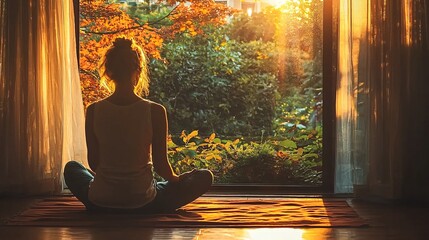 Poster - A mother finding balance through morning meditation before diving into work and family tasks Stock Photo with side copy space