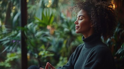 Poster - A mother finding balance through morning meditation before diving into work and family tasks Stock Photo with side copy space