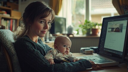 Poster - A mother blending her family and work lives seamlessly in a tech-forward home setting Stock Photo with side copy space
