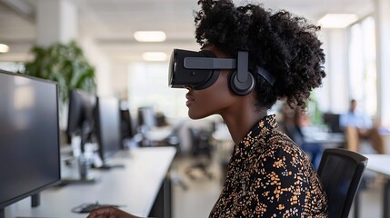 Poster - A woman using a virtual reality headset to design a futuristic project in a creative workspace Stock Photo with side copy space