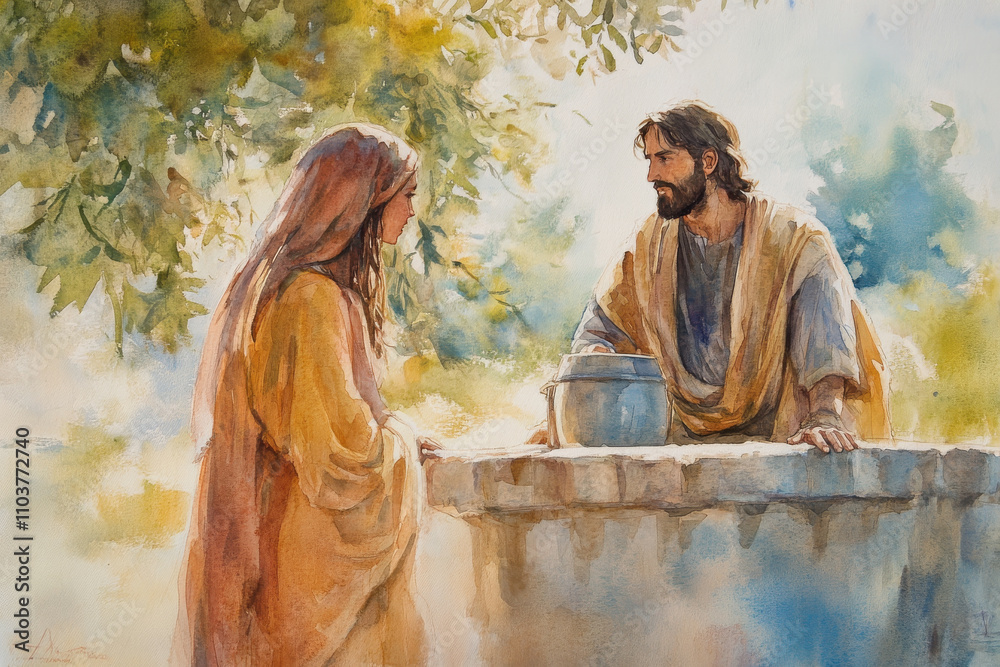 Jesus talking to a Samaritan woman at the well, offering her living ...
