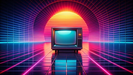 Poster - Retro Abstract Symmetrical Tech Background Featuring a CRT Monitor Effect with Stylized Silhouettes and Vibrant Neon Colors Perfect for Futuristic Design Projects