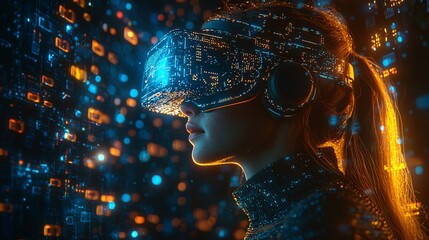 Poster - A female innovator testing smart wearable devices in a high-tech lab Stock Photo with side copy space