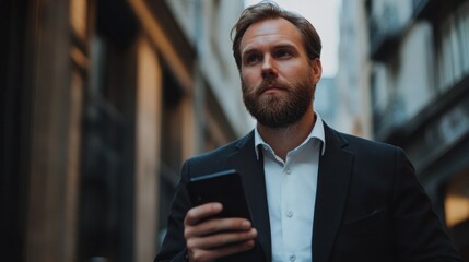 Poster - Businessman holding a smartphone, checking stock market updates.