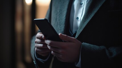 Poster - Businessman holding a smartphone, checking stock market updates.