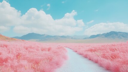 A serene landscape featuring a pink grass field and a winding path under a blue sky.