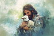 © Volodymyr - In this digital painting, Jesus holds a lamb in His arms, with a soft, compassionate smile on His face. The background features a gentle, abstract wash of light blues and greens, symbolizing the