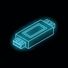 Poster - Neon blue glowing usb flash drive icon on a black background, perfect for technology and data storage concepts