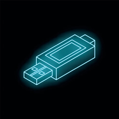Poster - Bright blue neon usb flash drive glowing on a black background